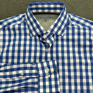 TWILLORY Blue White Gingham Performance Button Down Dress Shirt Men's 15.5